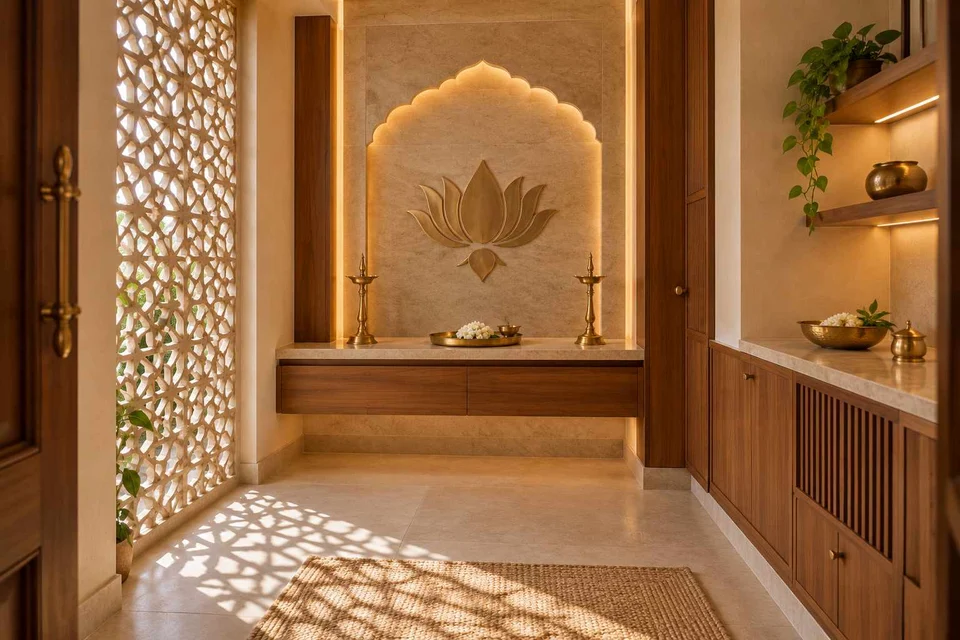 AI-generated puja room design concept: side-entry pooja room, sandstone lattice direction