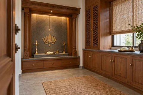 AI-generated puja room design concept: side-entry pooja room, teak craft direction