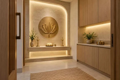 AI-generated puja room design concept: side-entry pooja room, textured mineral direction