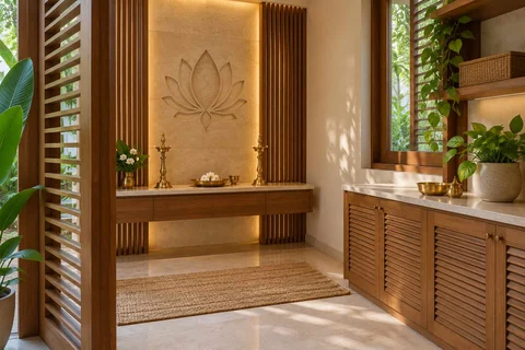 AI-generated puja room design concept: side-entry pooja room, tropical slatted direction