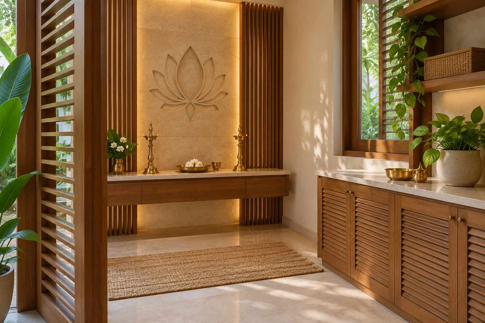 AI-generated puja room design concept: side-entry pooja room, tropical slatted direction