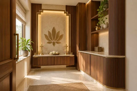 AI-generated puja room design concept: side-entry pooja room, urban deco direction