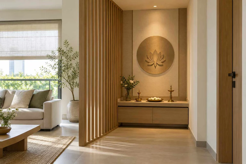 AI-generated puja room design concept: slatted privacy nook, ash and linen direction