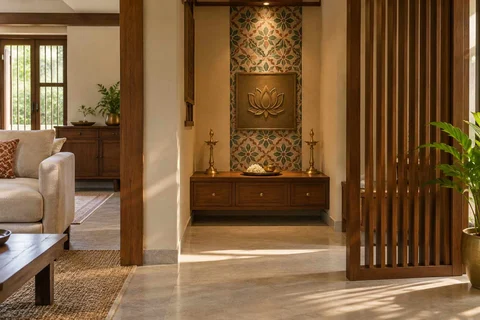 AI-generated puja room design concept: slatted privacy nook, chettinad tile direction
