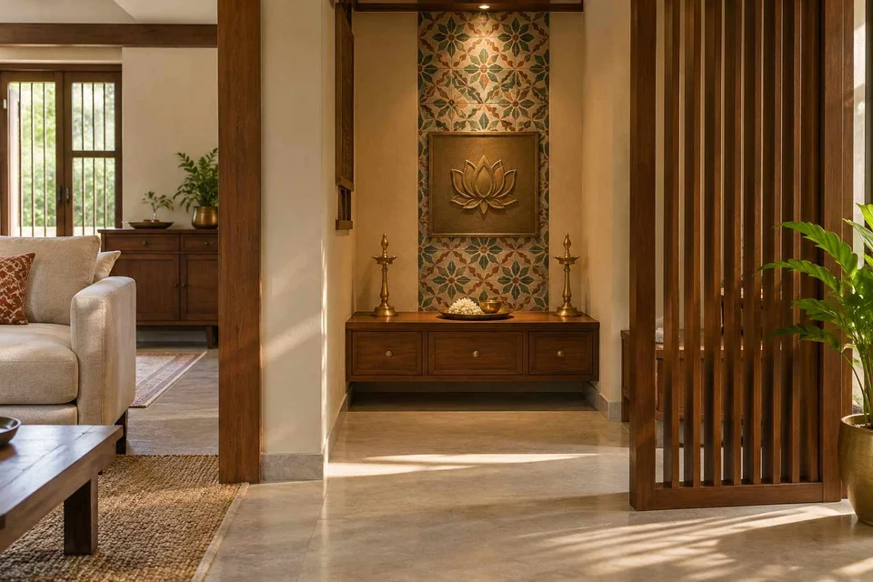 AI-generated puja room design concept: slatted privacy nook, chettinad tile direction