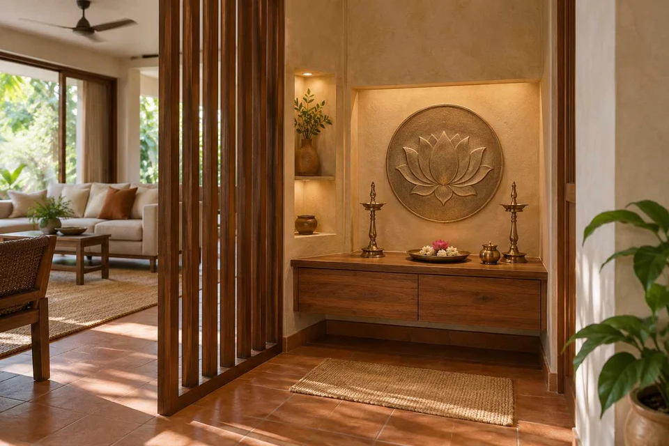 AI-generated puja room design concept: slatted privacy nook, clay artisan direction