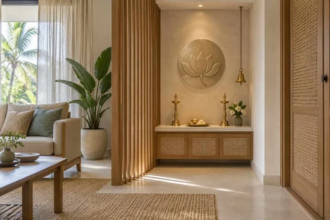 AI-generated puja room design concept: slatted privacy nook, coastal woven direction