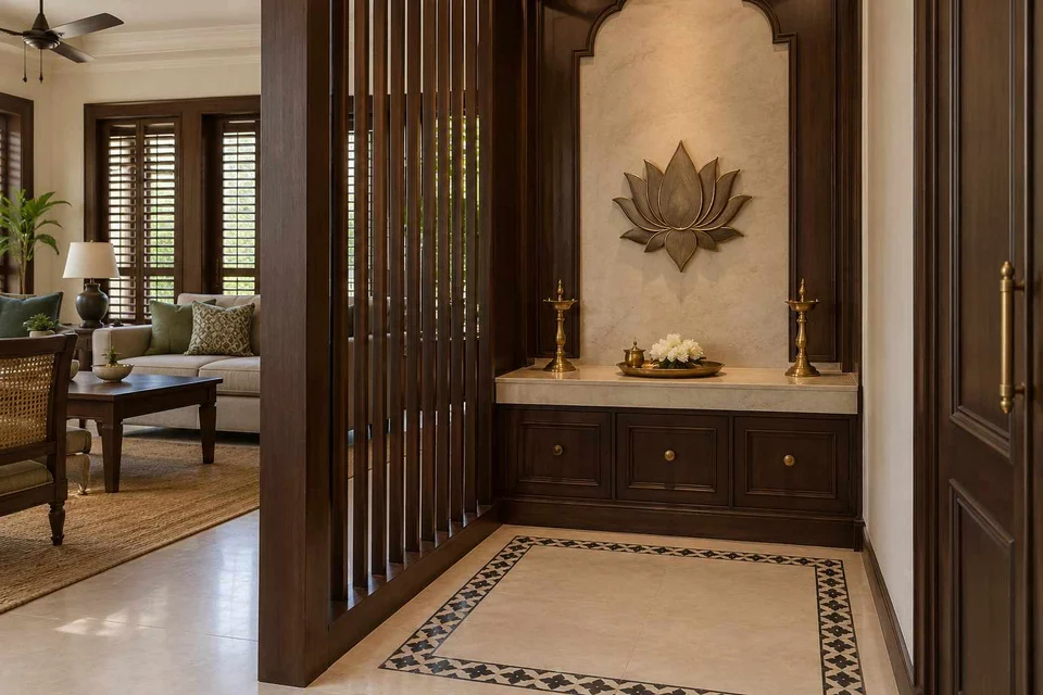 AI-generated puja room design concept: slatted privacy nook, colonial quiet direction