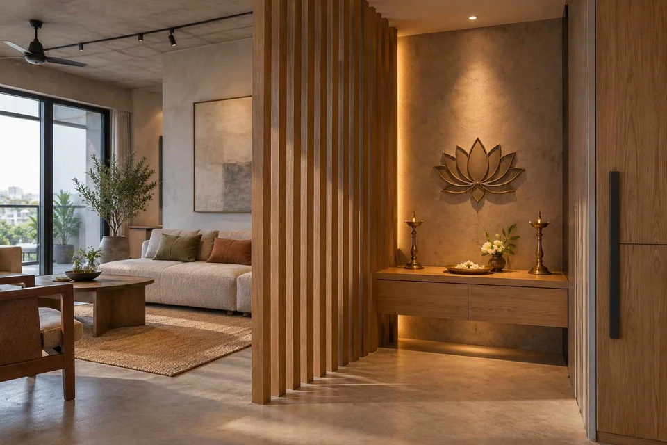 AI-generated puja room design concept: slatted privacy nook, concrete and oak direction