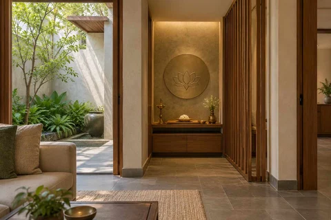 AI-generated puja room design concept: slatted privacy nook, courtyard modern direction