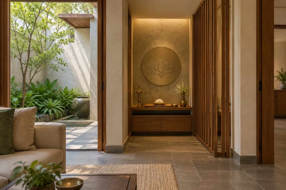 AI-generated puja room design concept: slatted privacy nook, courtyard modern direction