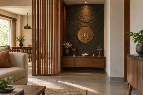AI-generated puja room design concept: slatted privacy nook, deccan stone direction
