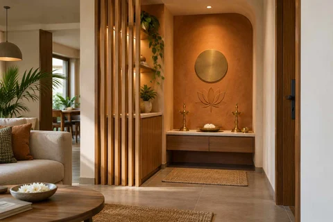AI-generated puja room design concept: slatted privacy nook, earth and bamboo direction
