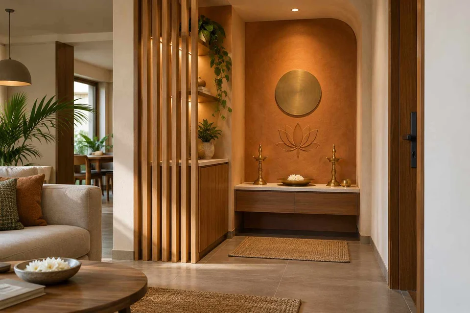 AI-generated puja room design concept: slatted privacy nook, earth and bamboo direction