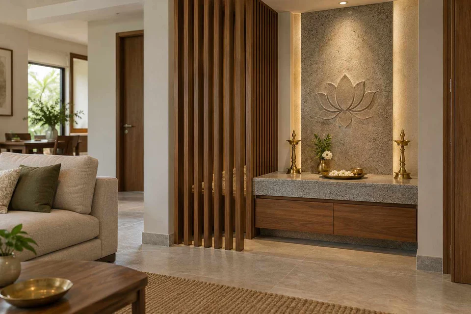 AI-generated puja room design concept: slatted privacy nook, granite precision direction