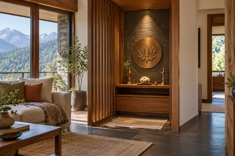 AI-generated puja room design concept: slatted privacy nook, hill timber direction