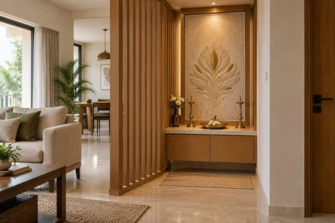AI-generated puja room design concept: slatted privacy nook, inlay atelier direction