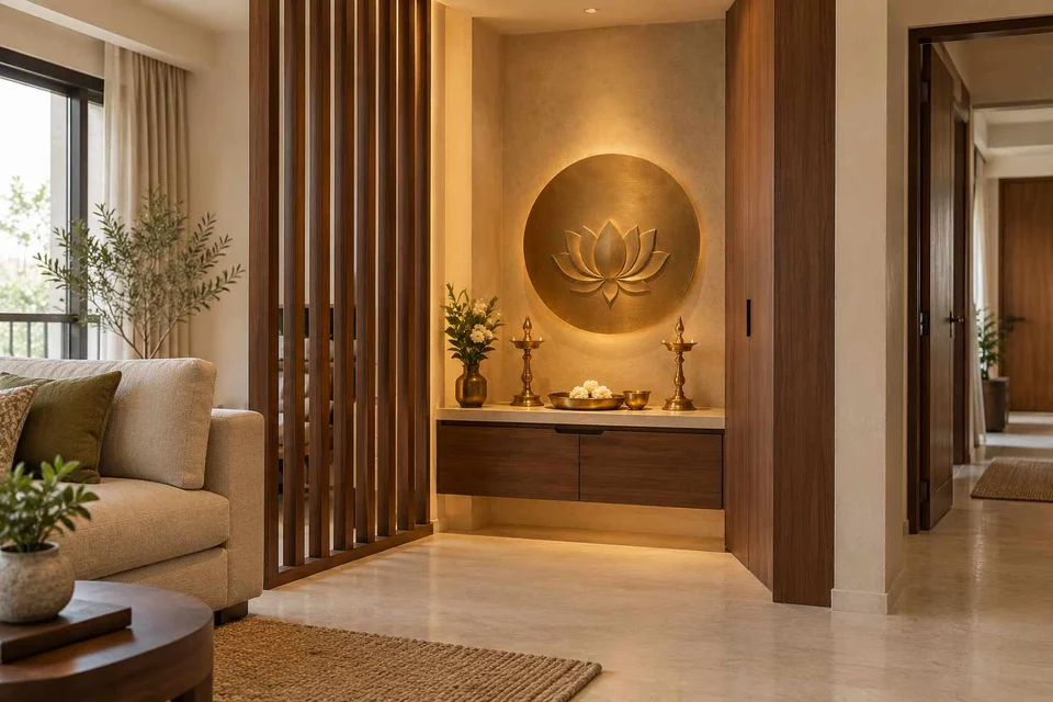 AI-generated puja room design concept: slatted privacy nook, lime and walnut direction