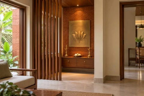 AI-generated puja room design concept: slatted privacy nook, malabar timber direction