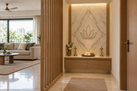 AI-generated puja room design concept: slatted privacy nook, marble restraint direction