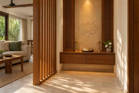 AI-generated puja room design concept: slatted privacy nook, modern carved direction