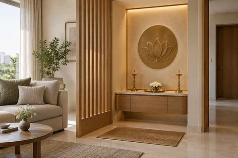AI-generated puja room design concept: slatted privacy nook, quiet contemporary direction