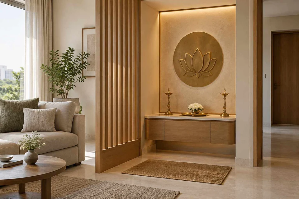 AI-generated puja room design concept: slatted privacy nook, quiet contemporary direction