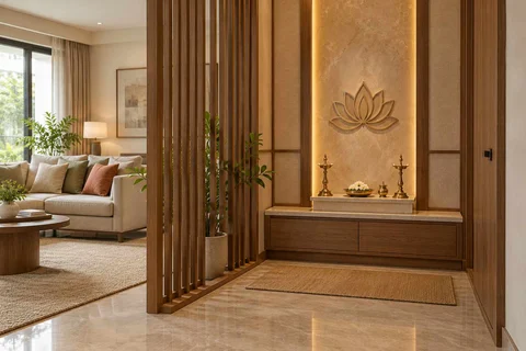 AI-generated puja room design concept: slatted privacy nook, quiet transitional direction
