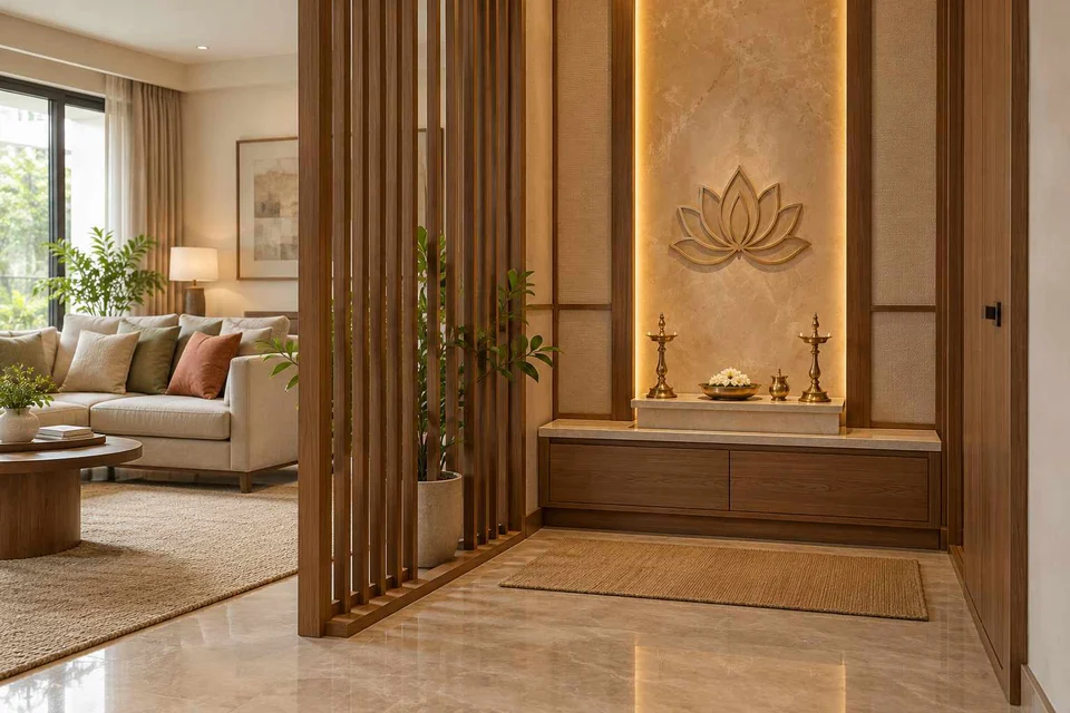 AI-generated puja room design concept: slatted privacy nook, quiet transitional direction