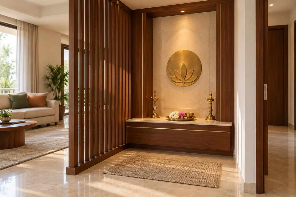 AI-generated puja room design concept: slatted privacy nook, rosewood brass direction
