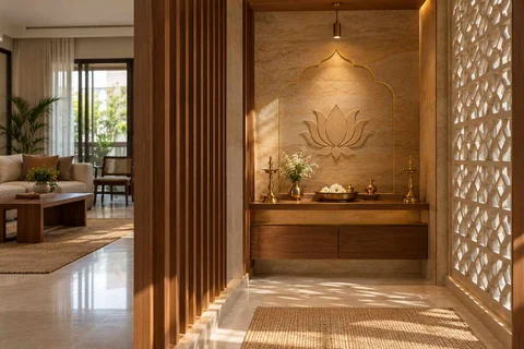 AI-generated puja room design concept: slatted privacy nook, sandstone lattice direction
