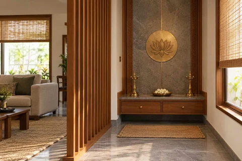 AI-generated puja room design concept: slatted privacy nook, teak craft direction