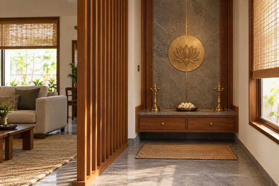 AI-generated puja room design concept: slatted privacy nook, teak craft direction