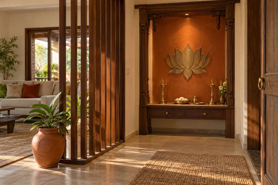 AI-generated puja room design concept: slatted privacy nook, terracotta heritage direction