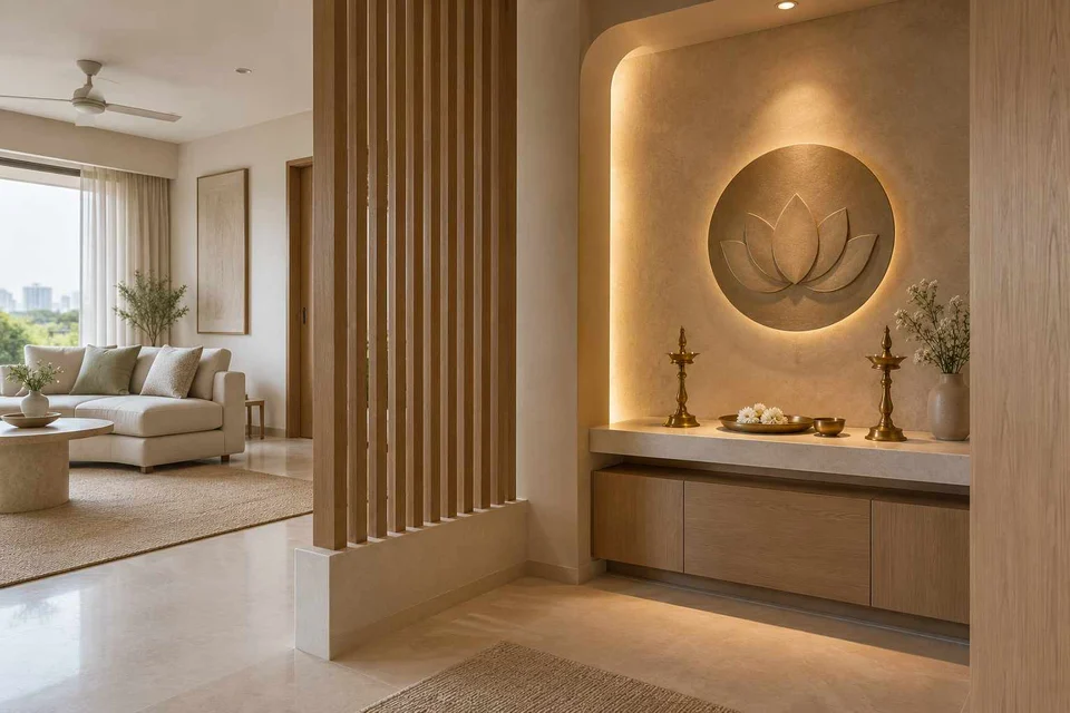 AI-generated puja room design concept: slatted privacy nook, textured mineral direction