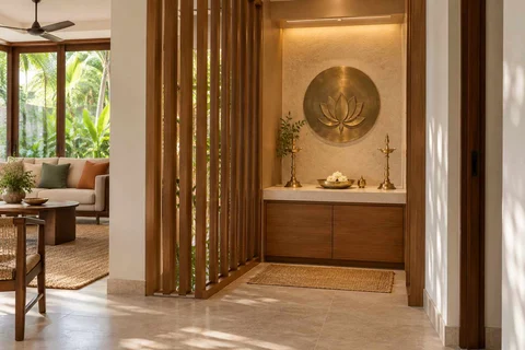 AI-generated puja room design concept: slatted privacy nook, tropical slatted direction