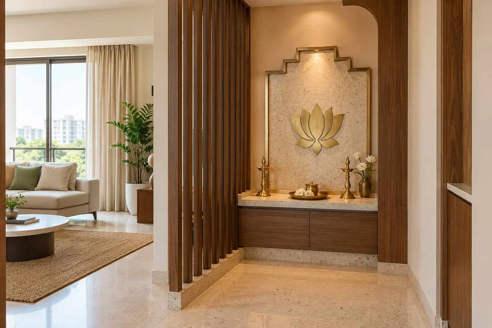 AI-generated puja room design concept: slatted privacy nook, urban deco direction