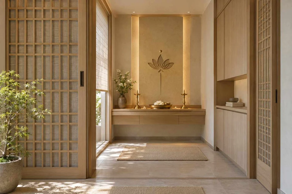 AI-generated puja room design concept: sliding-screen prayer room, ash and linen direction