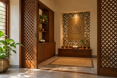 AI-generated puja room design concept: sliding-screen prayer room, chettinad tile direction