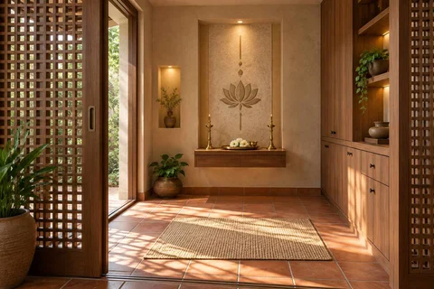 AI-generated puja room design concept: sliding-screen prayer room, clay artisan direction