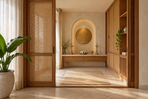 AI-generated puja room design concept: sliding-screen prayer room, coastal woven direction