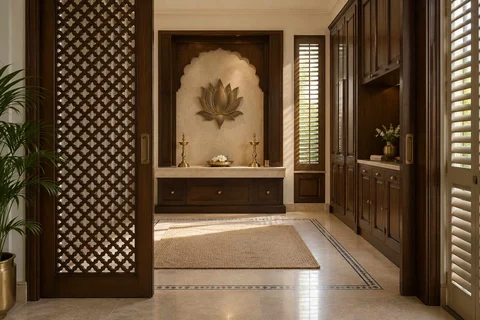 AI-generated puja room design concept: sliding-screen prayer room, colonial quiet direction