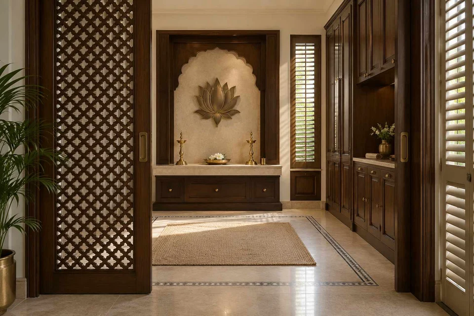 AI-generated puja room design concept: sliding-screen prayer room, colonial quiet direction