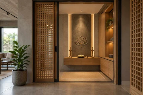 AI-generated puja room design concept: sliding-screen prayer room, concrete and oak direction