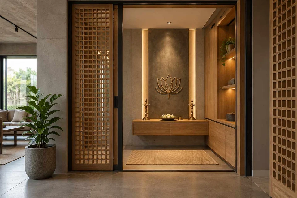 AI-generated puja room design concept: sliding-screen prayer room, concrete and oak direction