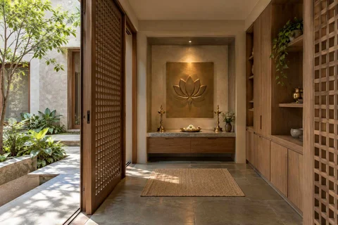 AI-generated puja room design concept: sliding-screen prayer room, courtyard modern direction