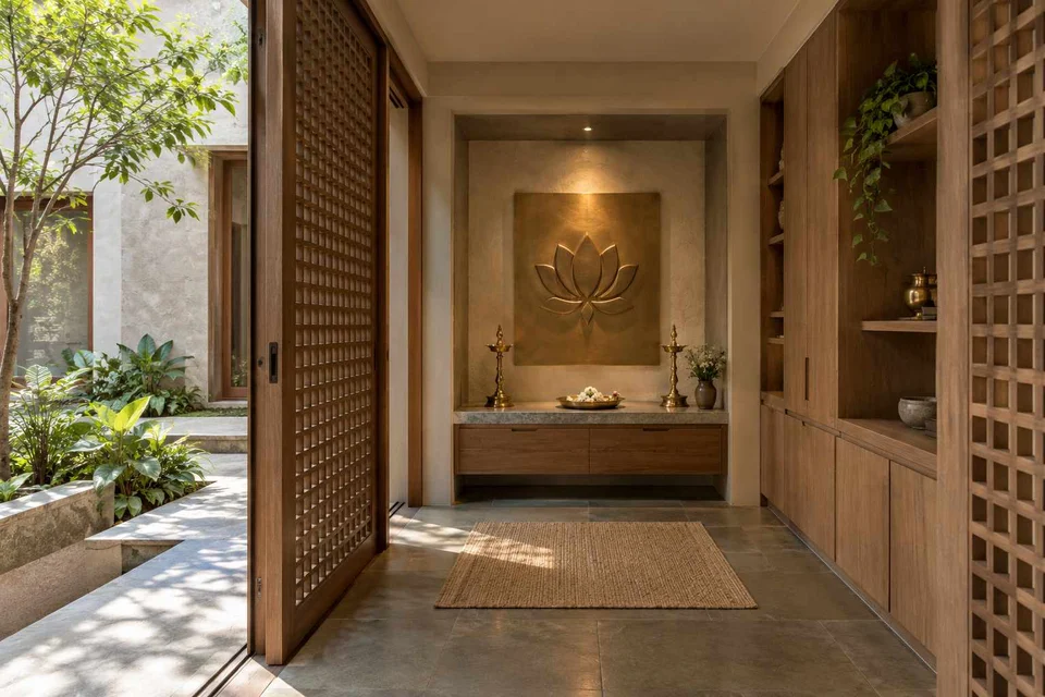 AI-generated puja room design concept: sliding-screen prayer room, courtyard modern direction