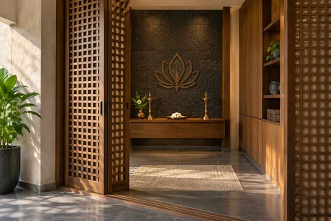 AI-generated puja room design concept: sliding-screen prayer room, deccan stone direction