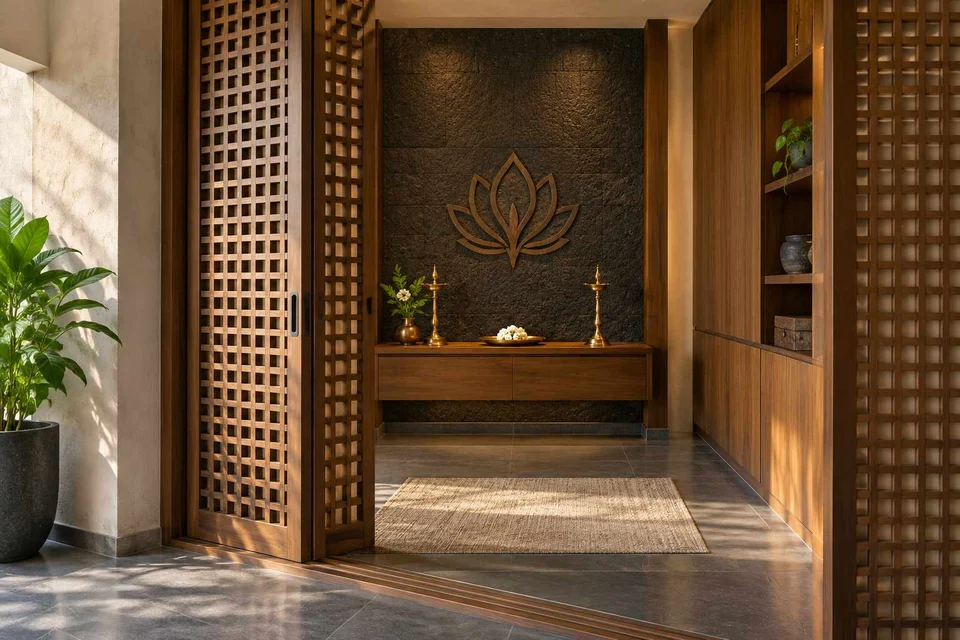 AI-generated puja room design concept: sliding-screen prayer room, deccan stone direction