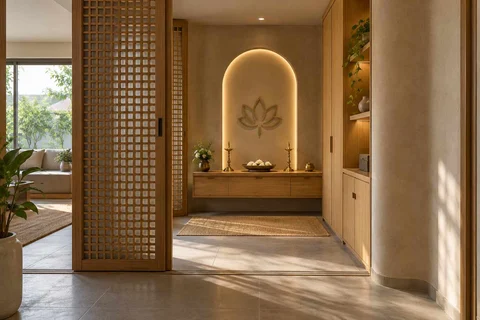 AI-generated puja room design concept: sliding-screen prayer room, earth and bamboo direction